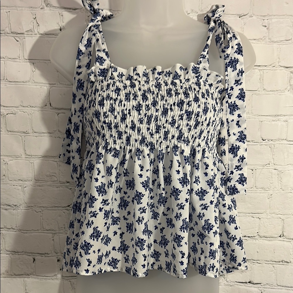 SHEIN Blue and White Smocked Tie Shoulder Blouse